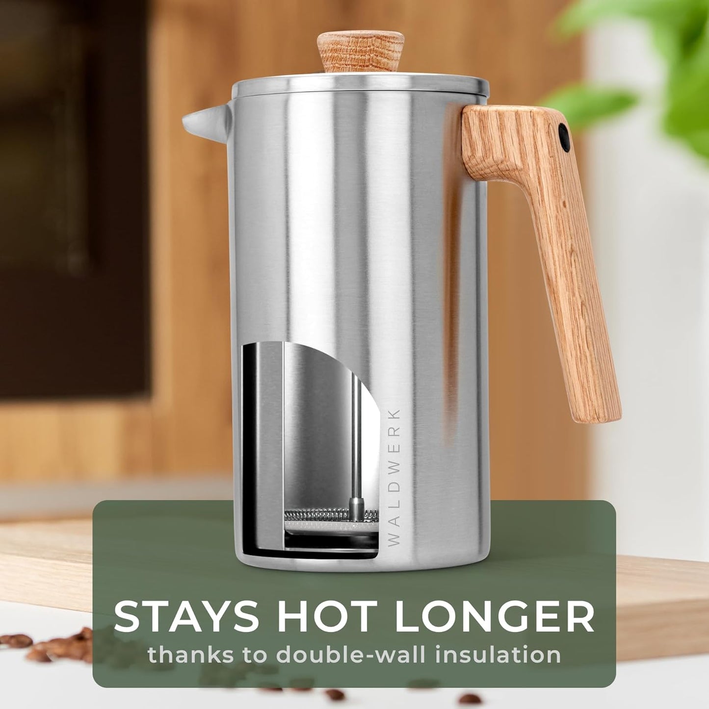 WALDWERK French Press Coffee Maker - 34 oz Non-Toxic Stainless Steel with Oak Wood Handle - Insulated Design