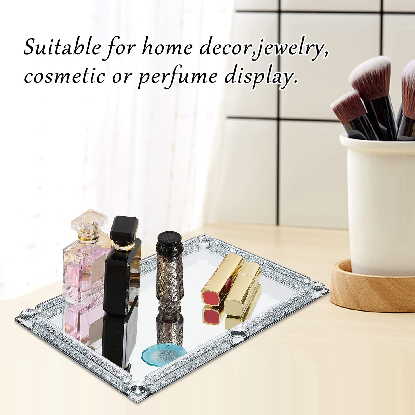 Mirror Crystal Perfume Tray,Crushed Diamond Filled Crystal Glass Vanity Tray,Jewelry Trinket Holder,Decorative Tray for Home,Party,Hotel Banquet