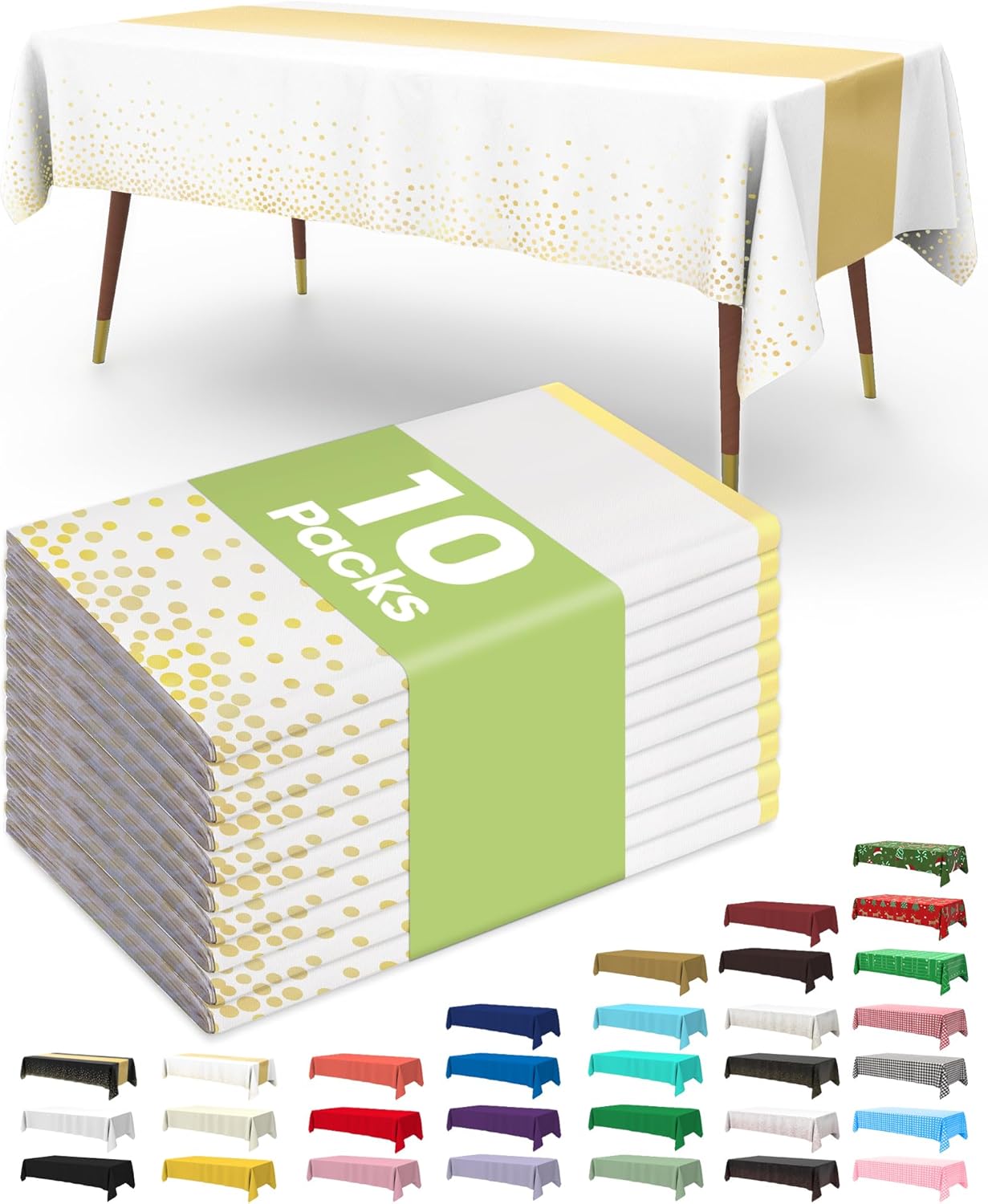 Pureegg Disposable Plastic Tablecloths - 10 Pack, 54 x 108 Inch, Sturdy & Leakproof, White Gold for Graduation Parties