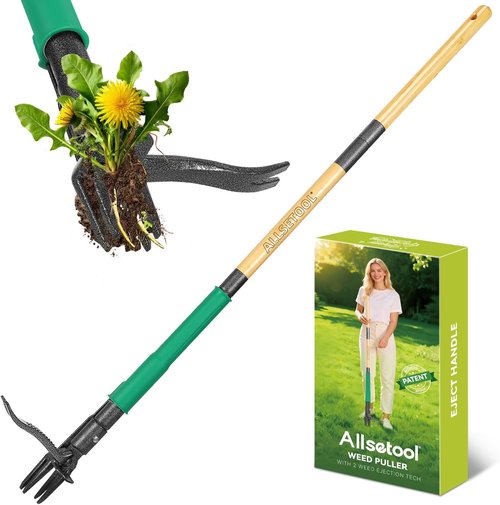 Garden Weeder Tool - Heavy Duty 43.7in Stand-Up Dandelion Remover with 2 Weed Eject Feature & Bamboo Handle