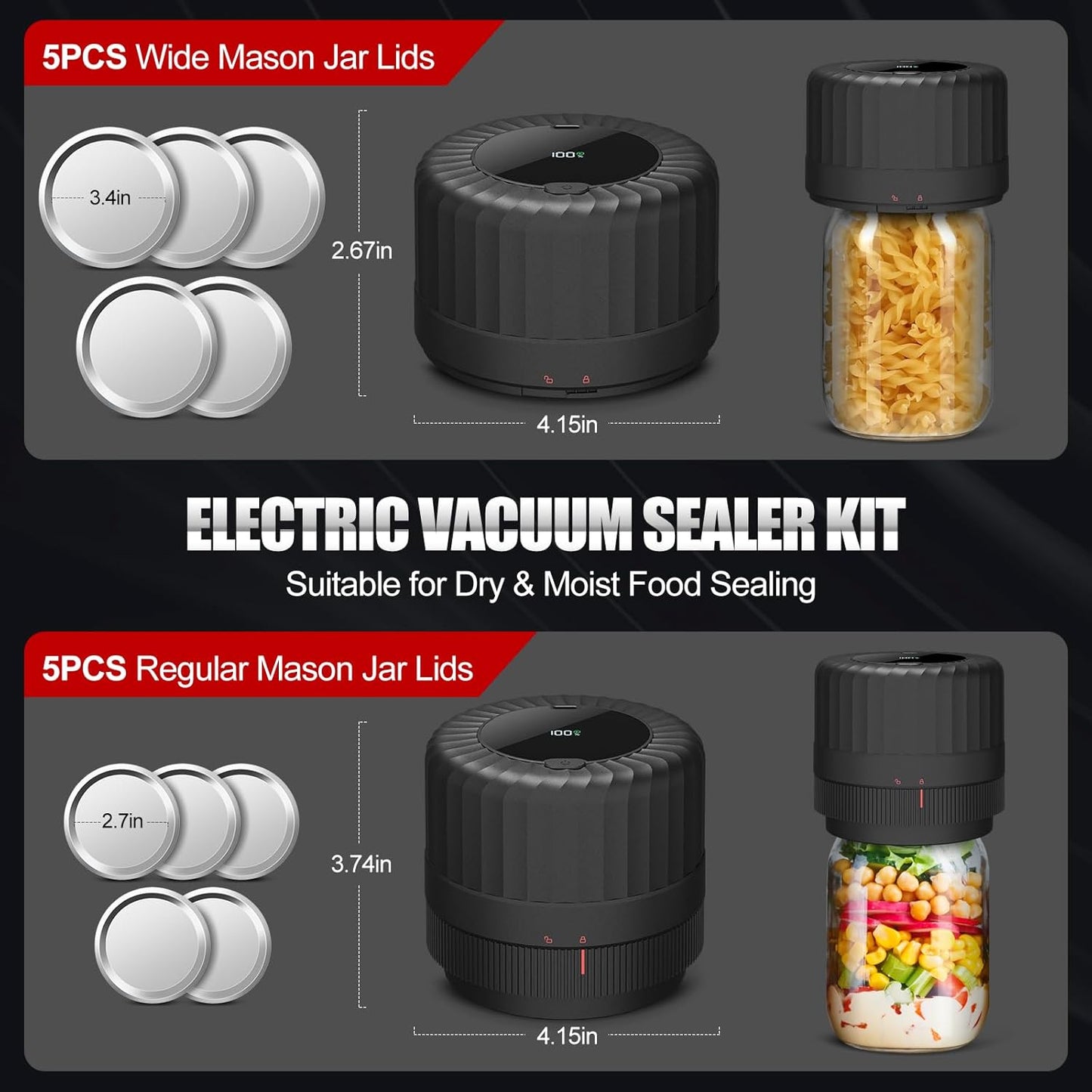 Skiennix Electric Mason Jar Vacuum Sealer Kit - Ideal for Wide & Regular Mouth Canning Jars