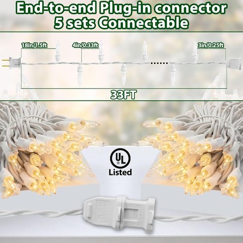 Clear Christmas Lights - 33FT Warm White Mini Bulbs | 100 Incandescent Lights for Indoor & Outdoor Decor