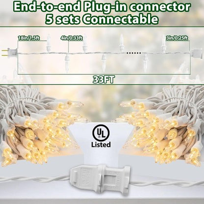 Clear Christmas Lights - 33FT Warm White Mini Bulbs | 100 Incandescent Lights for Indoor & Outdoor Decor