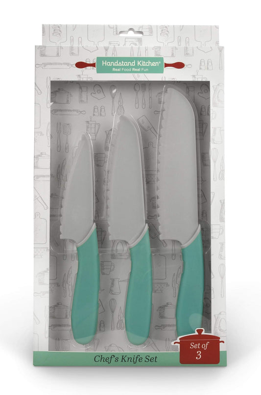 Handstand Kitchen 3-Piece 5", 6" and 7" Serrated BPA-Free Knife Set for Kid Safe Cooking