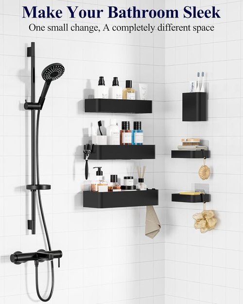 Kitsure Shower Caddy Adhesive - No-Drill Bathroom Organizer with Soap Holder & Hooks | Large Black 6-Pack