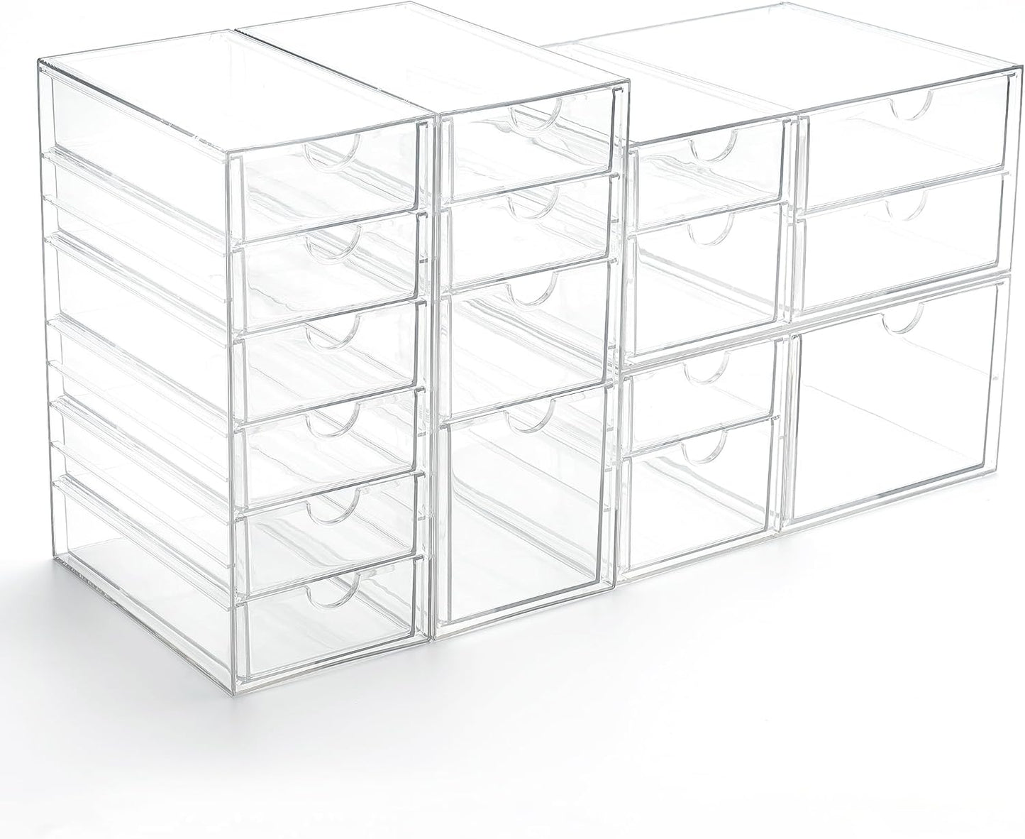 Prsildan Acrylic Drawer Organizer - 17 Drawer Clear Storage Solution for Makeup & Craft Supplies | Set of 4