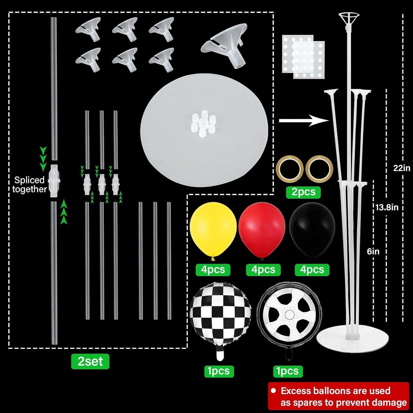 Race Car Party Balloons Kit - 2 Sets with Checkered Foil Balloons | Red, Black & Yellow Birthday Decor