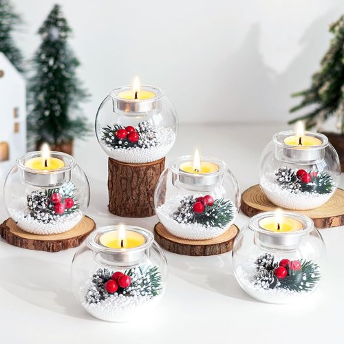 Hewory Tealight Candle Holders - Set of 6 Glass Holders with Red Berry & Pinecone | Christmas Table Decor