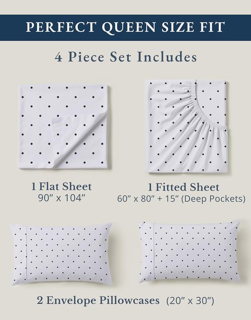 **LANE LINEN Eco-Friendly 100% Organic Cotton Queen Bed Sheet Set - Luxury Printed, Deep Pocket, Black Polka Dot**