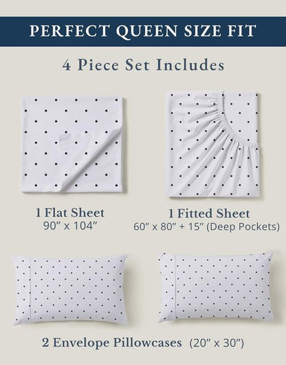**LANE LINEN Eco-Friendly 100% Organic Cotton Queen Bed Sheet Set - Luxury Printed, Deep Pocket, Black Polka Dot**