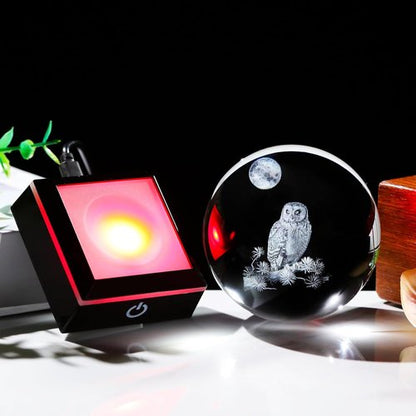 Arikyrist 3D Owl Crystal Ball Figurine - LED Base Night Light Gift for Owl Lovers | 80mm Decorative Glass Globe