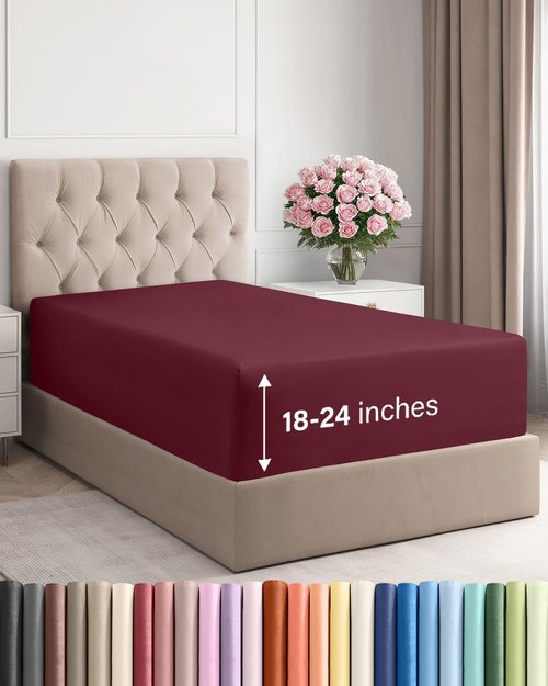 Extra Deep Twin XL Fitted Sheet - Hotel Luxury Single Fitted Sheet Only - Easily Fits 18 inch to 24 inch Mattress - Ultra Soft, Wrinkle & Fade Free w/Extra Deep Pocket - Breathable & Comfy - Burgundy