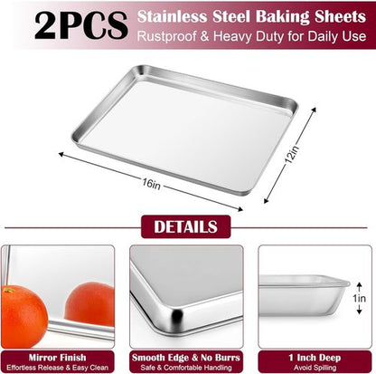E-far Baking Sheet Set - Stainless Steel Cookie Pans with Cooling Racks | Non-Toxic & Heavy Duty, 16 x 12 Inch