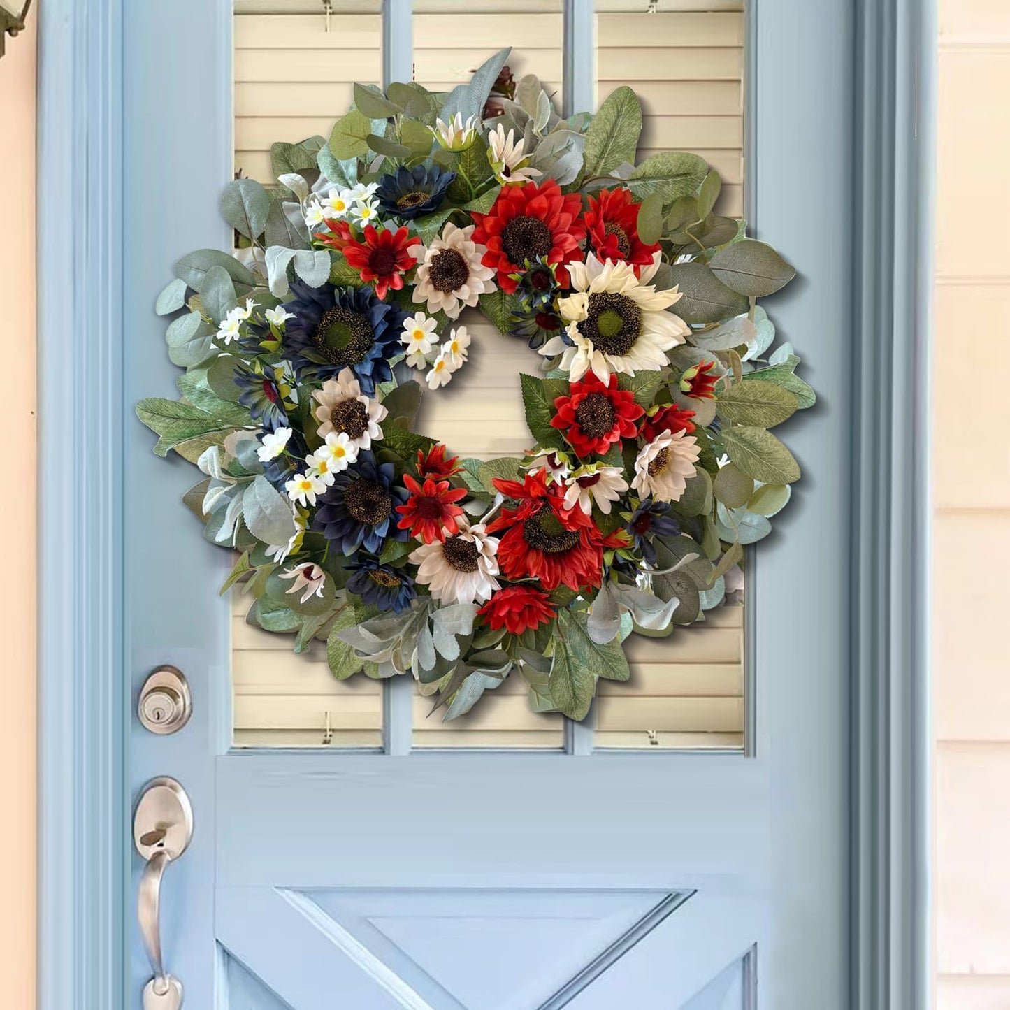 WANNA-CUL 24-Inch Patriotic Sunflower Wreath - Red, White & Blue 4th of July Door Decor