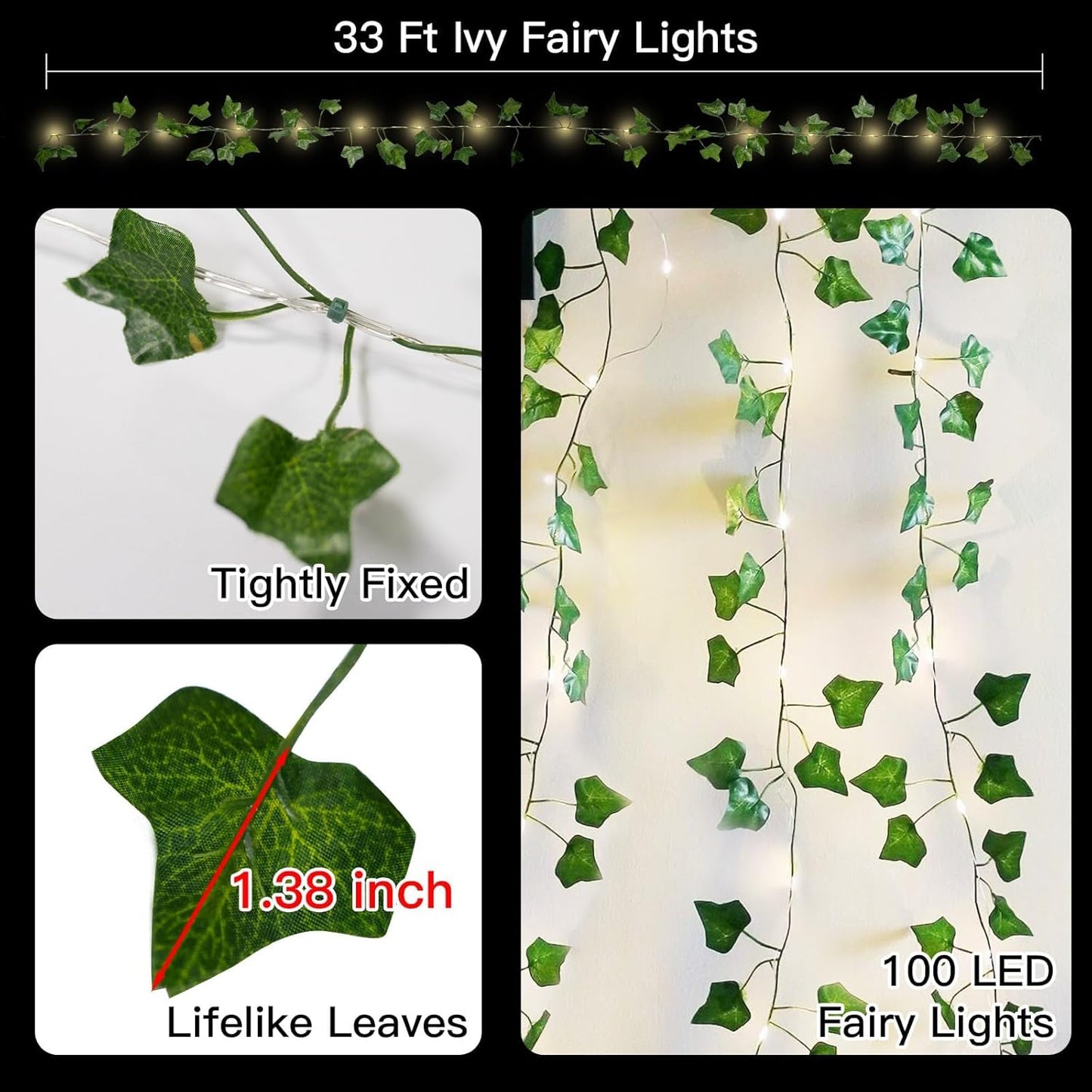 Suddus Ivy String Lights - 33ft 100 LED Battery Operated Fairy Lights with Remote | Warm White Decor for Bedroom, Garden, Party, Wedding