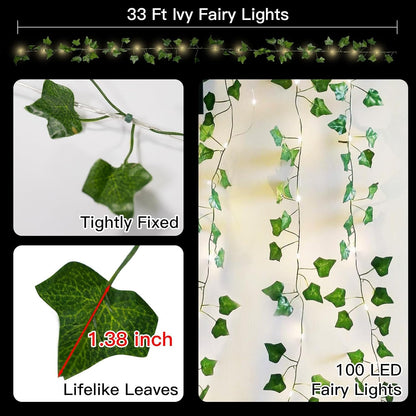 Suddus Ivy String Lights - 33ft 100 LED Battery Operated Fairy Lights with Remote | Warm White Decor for Bedroom, Garden, Party, Wedding