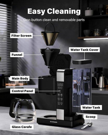SHARDOR 10-Cup Coffee Maker - Programmable Drip Machine with Adjustable Brew Strength & Keep-Warm Control, Black