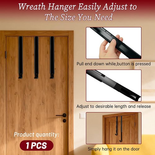 DZZ Black Wreath Hanger - Adjustable Door Hook for 20 Lb Capacity | Fits 15 to 25 Inches for Holiday Decor