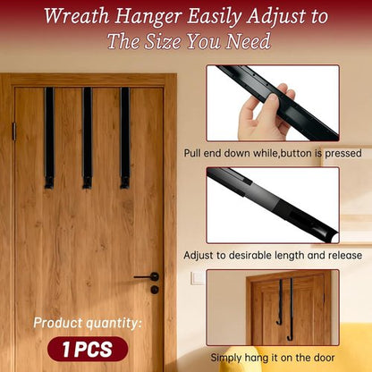 DZZ Black Wreath Hanger - Adjustable Door Hook for 20 Lb Capacity | Fits 15 to 25 Inches for Holiday Decor