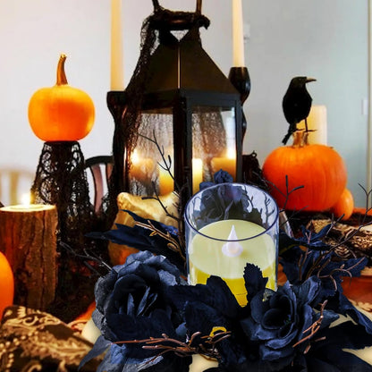 Skiennix Gothic Halloween Wreath - Black Candle Rings & Maple Rose Garland for Festive Decor
