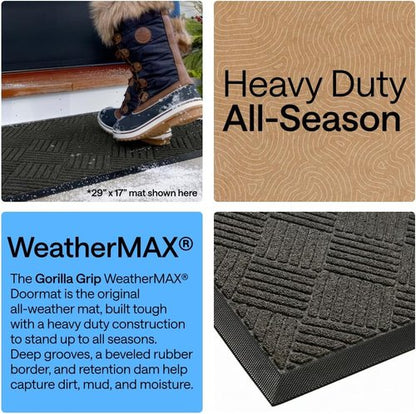 GORILLA GRIP Waterproof All-Season WeatherMAX Doormat - Natural Rubber, Stain Resistant, 29x17 Gray Diamond
