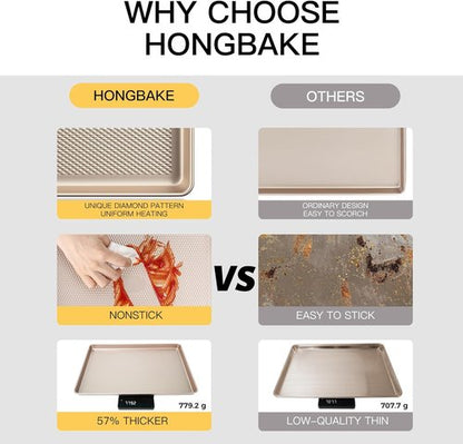 HONGBAKE Non-Stick Half Sheet Baking Pans - 57% Thicker Carbon Steel Cookie Sheets | 17.5" x 12" Size