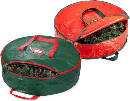 Christmas Wreath Storage Bag 24 Inch | 2-Pack Organizer with Dual Zipper & Handles for Safe Ornament Protection
