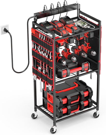 JUNNUJ Power Tool Organizer Cart - Heavy Duty Rolling Storage with 8 Outlets & 3 USB Ports | Floor Rack on Wheels