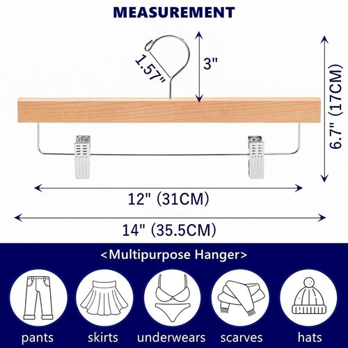 Amber Home 24-Pack Wooden Pants Hangers with Adjustable Clips - Ideal for Jeans, Slacks, and Shorts
