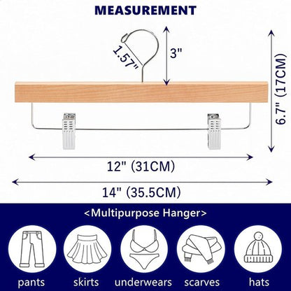 Amber Home 24-Pack Wooden Pants Hangers with Adjustable Clips - Ideal for Jeans, Slacks, and Shorts