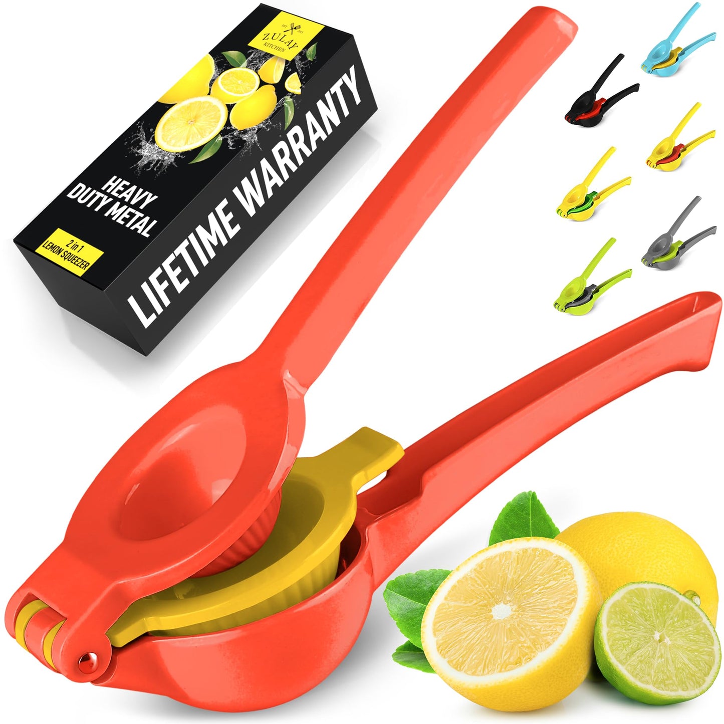 Zulay Metal 2-In-1 Lemon Squeezer Manual - Sturdy, Max Extraction Hand Juicer Lemon Squeezer Gets Every Last Drop - Easy to Clean Manual Citrus Juicer - Easy-to-Use Lemon Juicer Squeezer - Red/Yellow