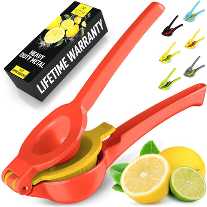 Zulay Metal 2-In-1 Lemon Squeezer Manual - Sturdy, Max Extraction Hand Juicer Lemon Squeezer Gets Every Last Drop - Easy to Clean Manual Citrus Juicer - Easy-to-Use Lemon Juicer Squeezer - Red/Yellow