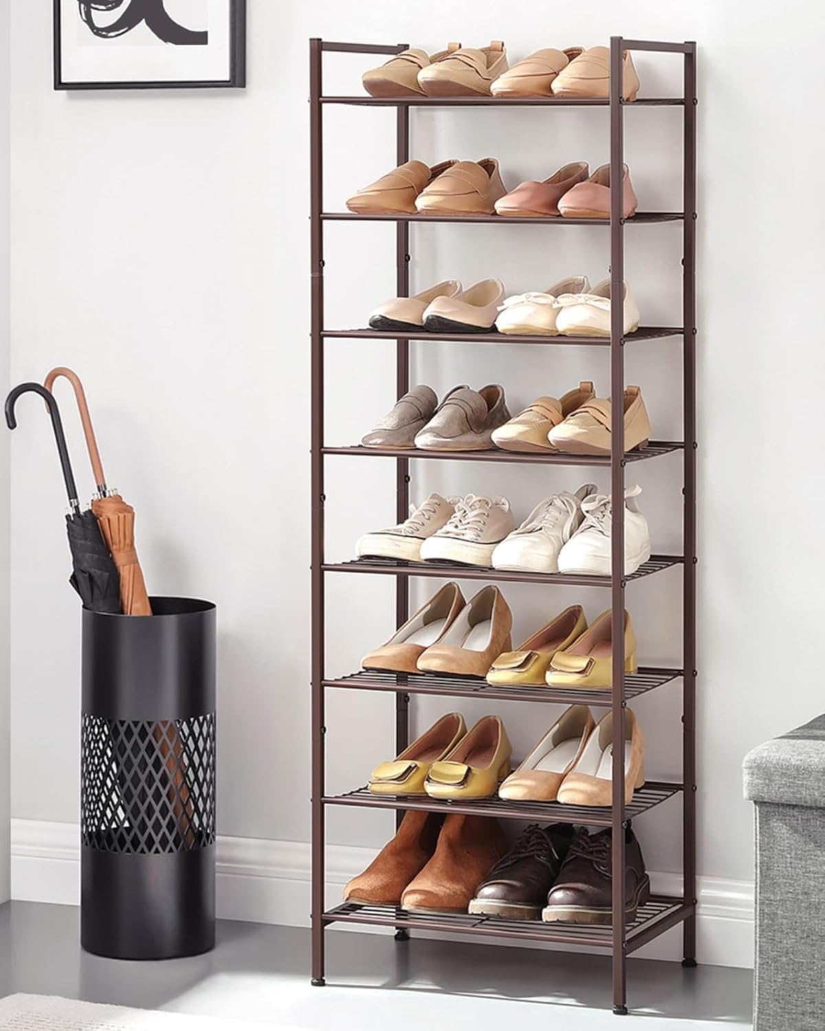 SONGMICS Narrow Shoe Rack - Sturdy 8-Tier Metal Organizer for Small Spaces | Bronze, 12"D x 17.6"W x 50.6"H