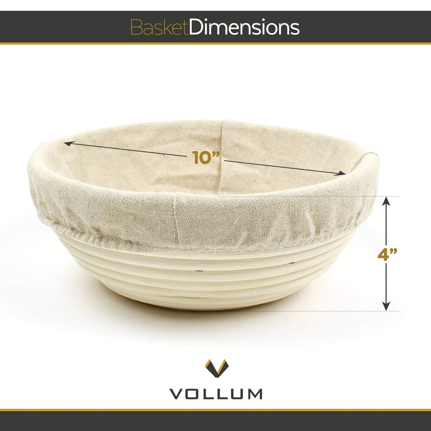 Vollum Bread Proofing Basket Banneton Baking Supplies for Beginners & Professional Bakers, Handwoven Rattan Cane Bread Maker with Linen for Artisan Breads, 9.5 x 4.25 Inch, 2-Pound Round Brotform