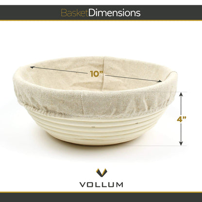 Vollum Bread Proofing Basket Banneton Baking Supplies for Beginners & Professional Bakers, Handwoven Rattan Cane Bread Maker with Linen for Artisan Breads, 9.5 x 4.25 Inch, 2-Pound Round Brotform