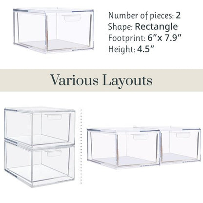 STORi Audrey Stackable Clear Bin Plastic Organizer Drawers | 2 Piece Set | Organize Cosmetics and Beauty Supplies on a Vanity | Made in USA