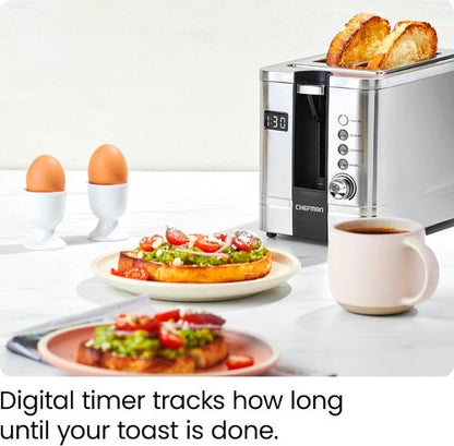 Chefman 2-Slice Digital Toaster - Stainless Steel with Extra-Wide Slots for Bagels & Defrost Function