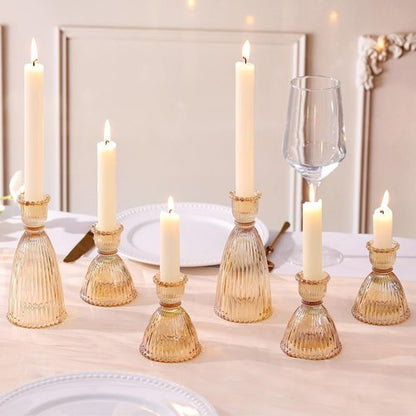 LAMORGIFT Gold Candlestick Holders Set - 4pcs 3.5" & 2pcs 6" Assorted Taper Candle Holders for Weddings | Modern Ribbed Glass Decor