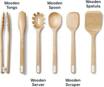 Caraway Wooden Utensil Set | 5-Piece Eco-Friendly Cooking Tools - Spoon, Server, Scraper, Spatula & Tongs - FSC-Certified Birch Wood