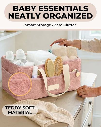 Baby Diaper Caddy Organizer - Portable Changing Mat & Removable Dividers - Teddy Fleece Design