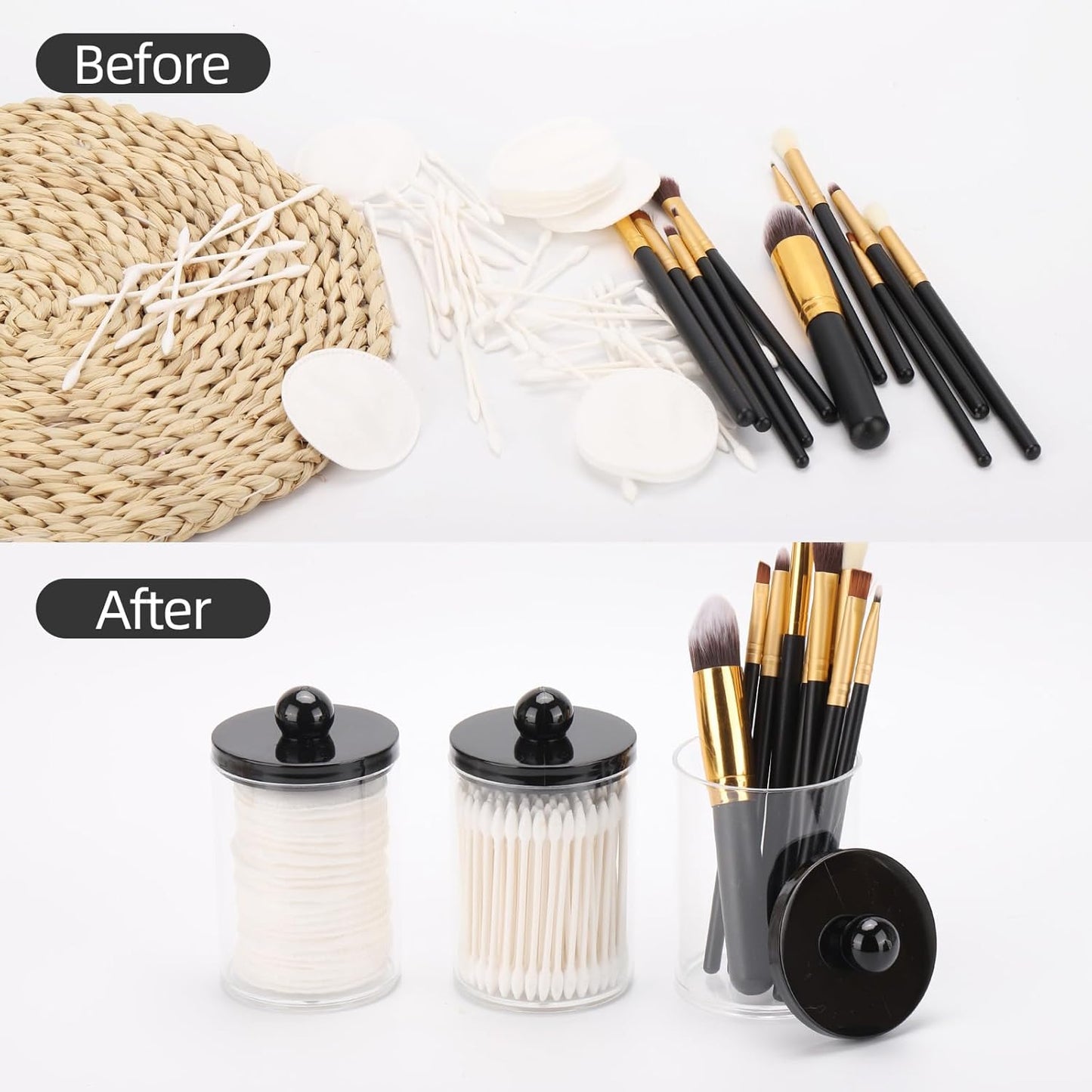 Tbestmax Cotton Swab Holder - Stylish 10oz Bathroom Organizer with Black Lid - Versatile Apothecary Jar