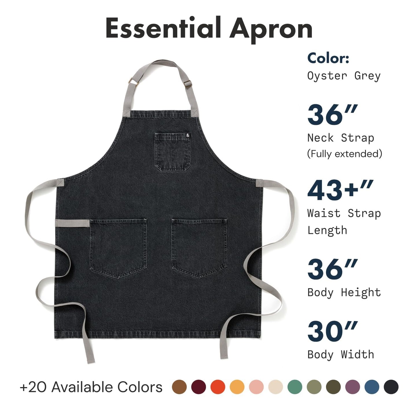 hedley & bennett Essential Apron - Professional Chef Apron with Pockets - Kitchen Apron for Men - Grilling Apron - Chef Aprons for Men - Apron for Women - 8oz 100% Cotton Denim Fabric - Oyster Grey