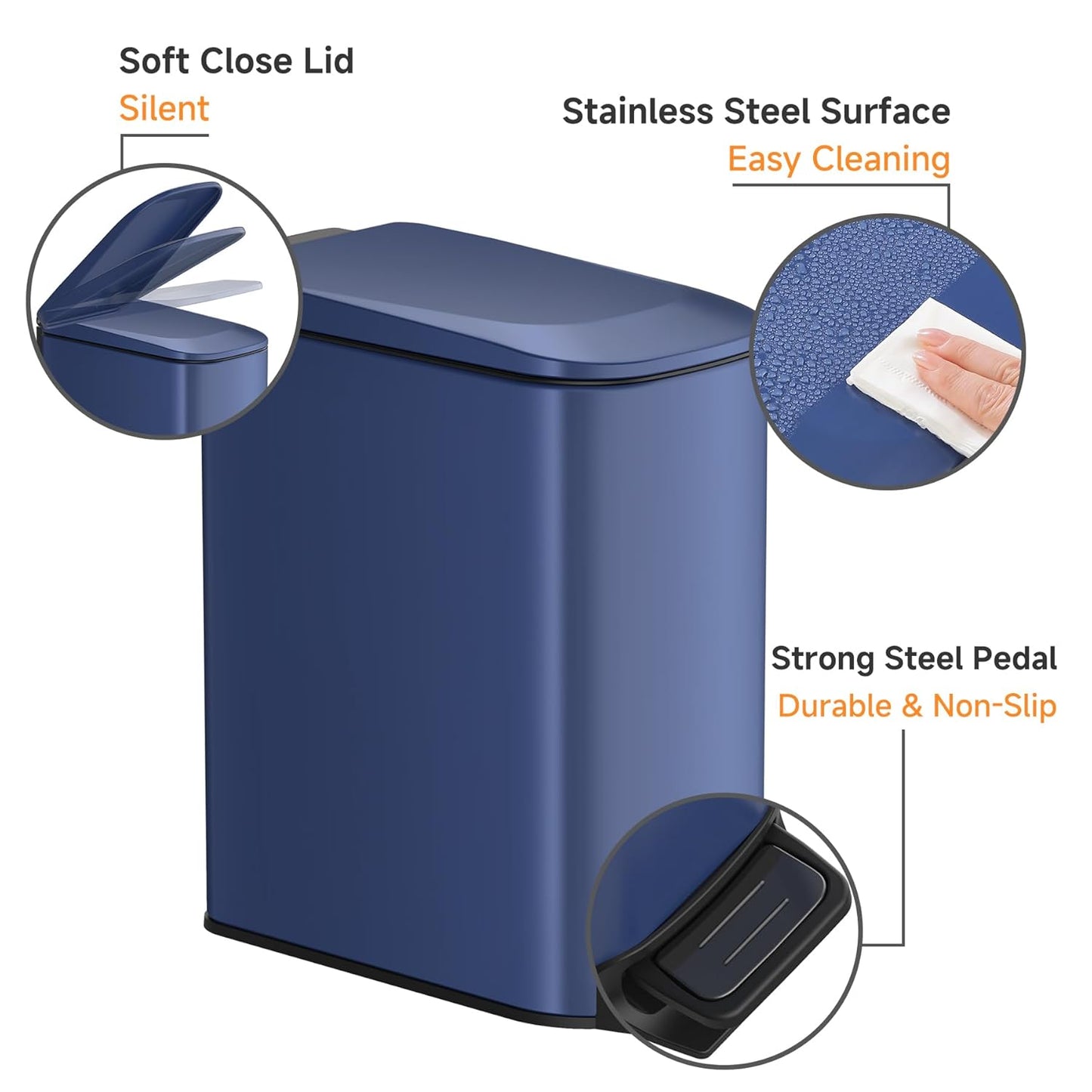 TIPGO Slim Bathroom Trash Can - Soft Close Lid & Step Pedal - 6L Stainless Steel Bin | Navy Blue