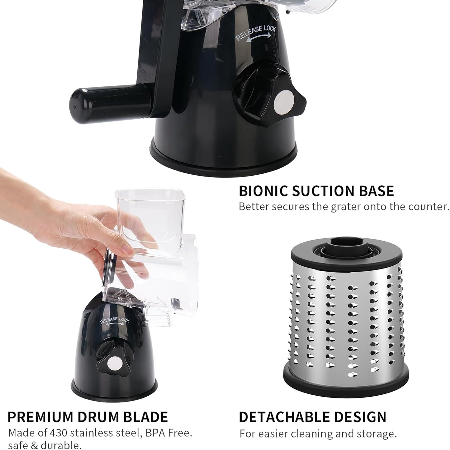 Rotary Cheese Grater - 3-in-1 Shredder with Hand Crank | Non-Slip Suction Base, Food Grade, Black