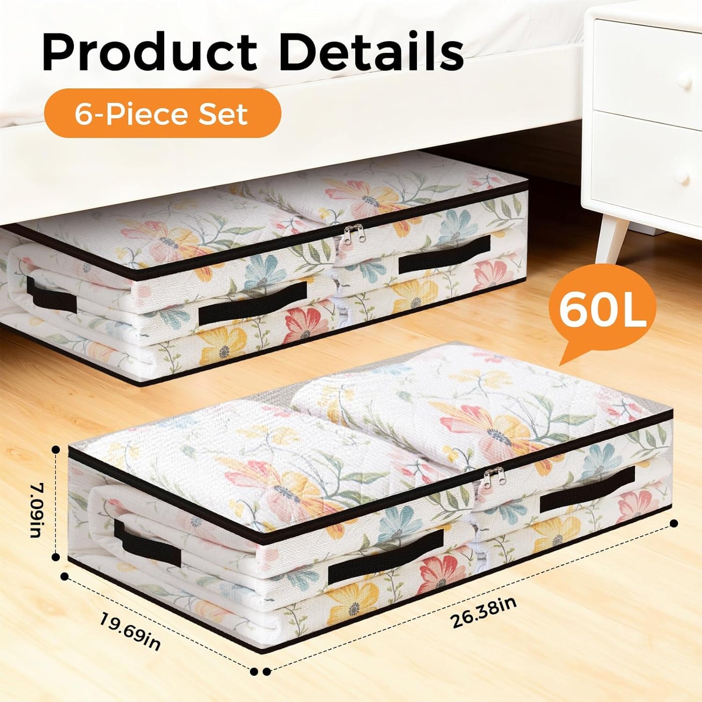 Skiennix Under Bed Storage Bags - 60L Foldable Clear Containers with Dual Zippers & Handles | 6 Pack for Bedding & Clothes