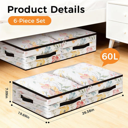 Skiennix Under Bed Storage Bags - 60L Foldable Clear Containers with Dual Zippers & Handles | 6 Pack for Bedding & Clothes