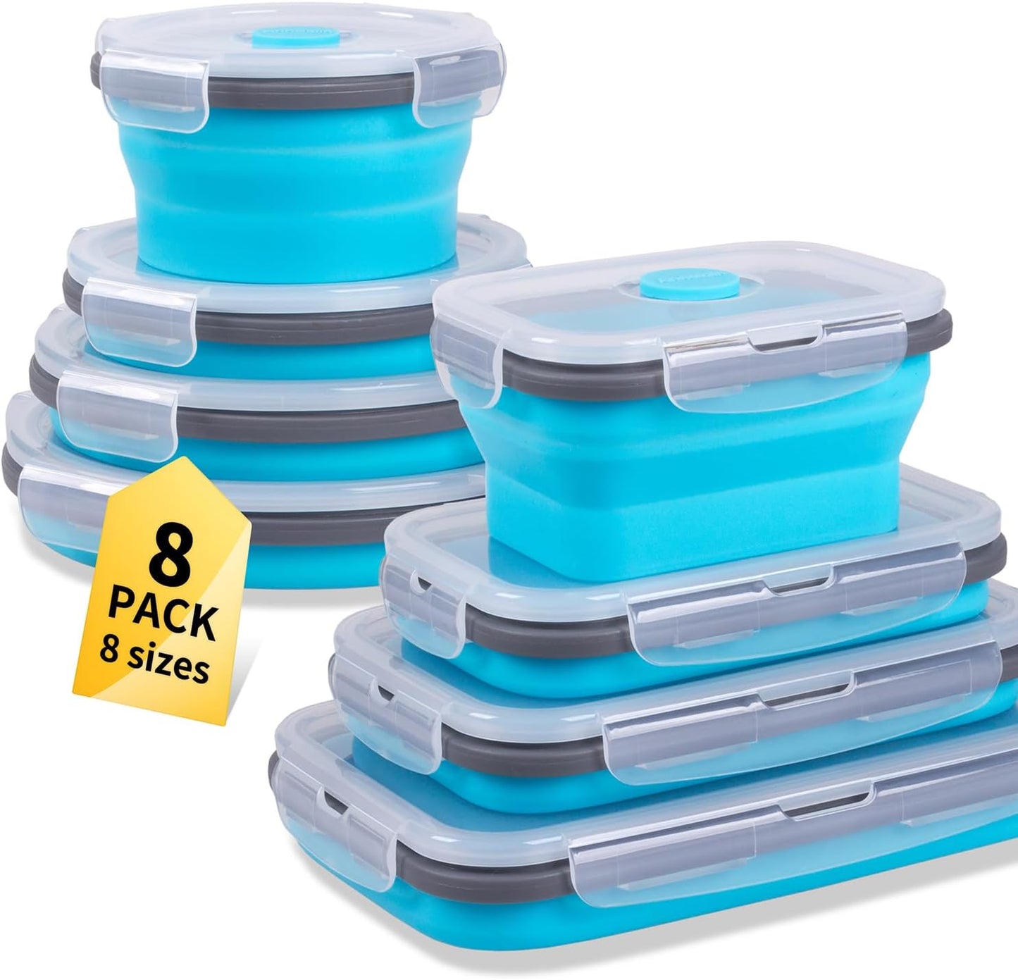 Skiennix Collapsible Food Storage Containers - 8 Pack Silicone Set for Snacks | Microwave & Dishwasher Safe, Blue