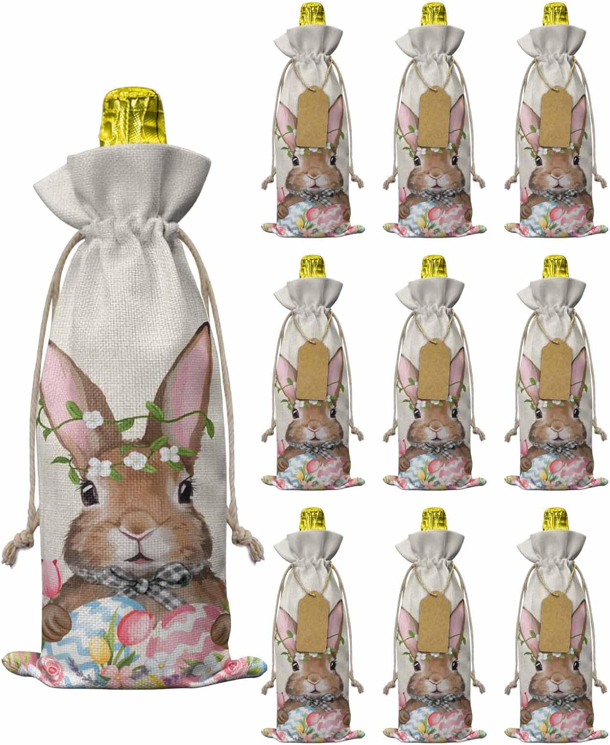 PIEPLE Easter Bunny 10PCS Wine Bottle Bags, Wine Bottle Cover with Drawstring, Gift Bag for Champagne, Wedding, Birthday, Party Spring Colorful Easter Eggs Flowers Burlap