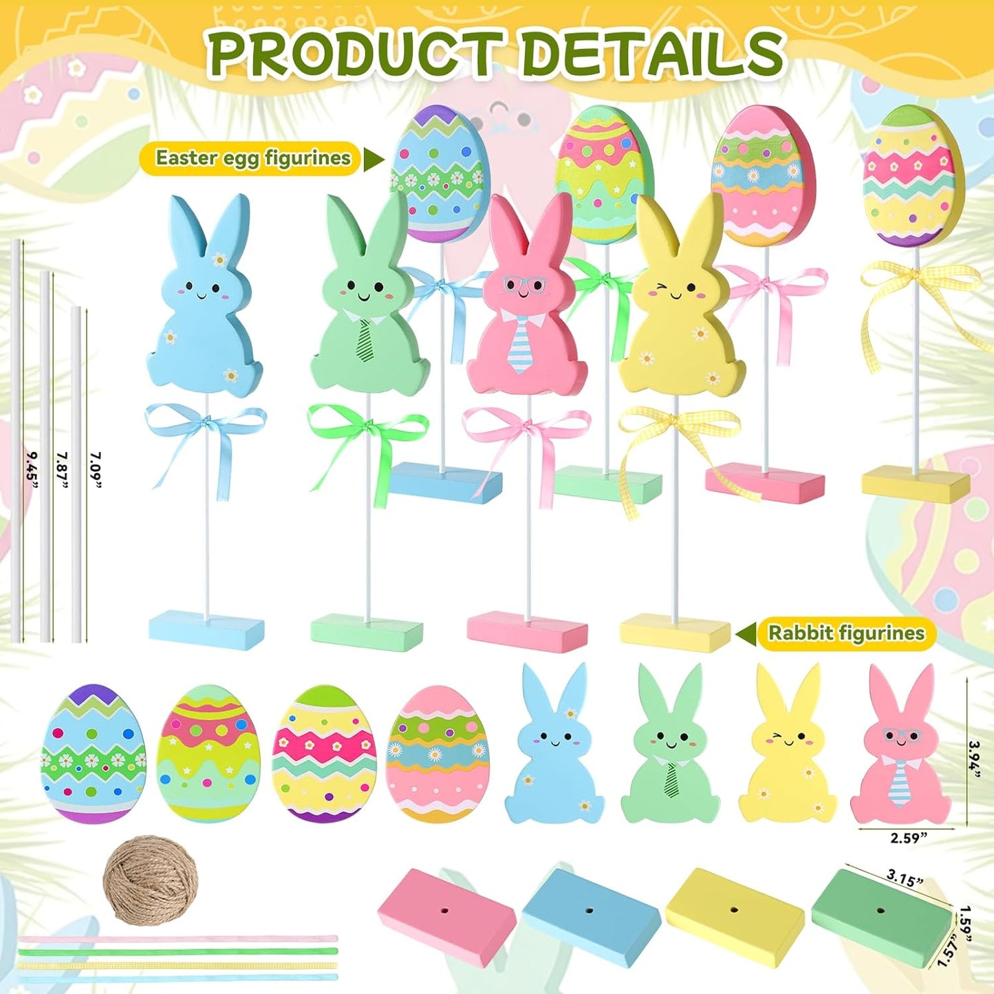 Wooden Bunny & Egg Peeps Signs by Easter Decor | 8 PCS with Hemp Rope Ribbon for Home Decor