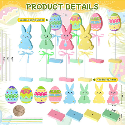 Wooden Bunny & Egg Peeps Signs by Easter Decor | 8 PCS with Hemp Rope Ribbon for Home Decor